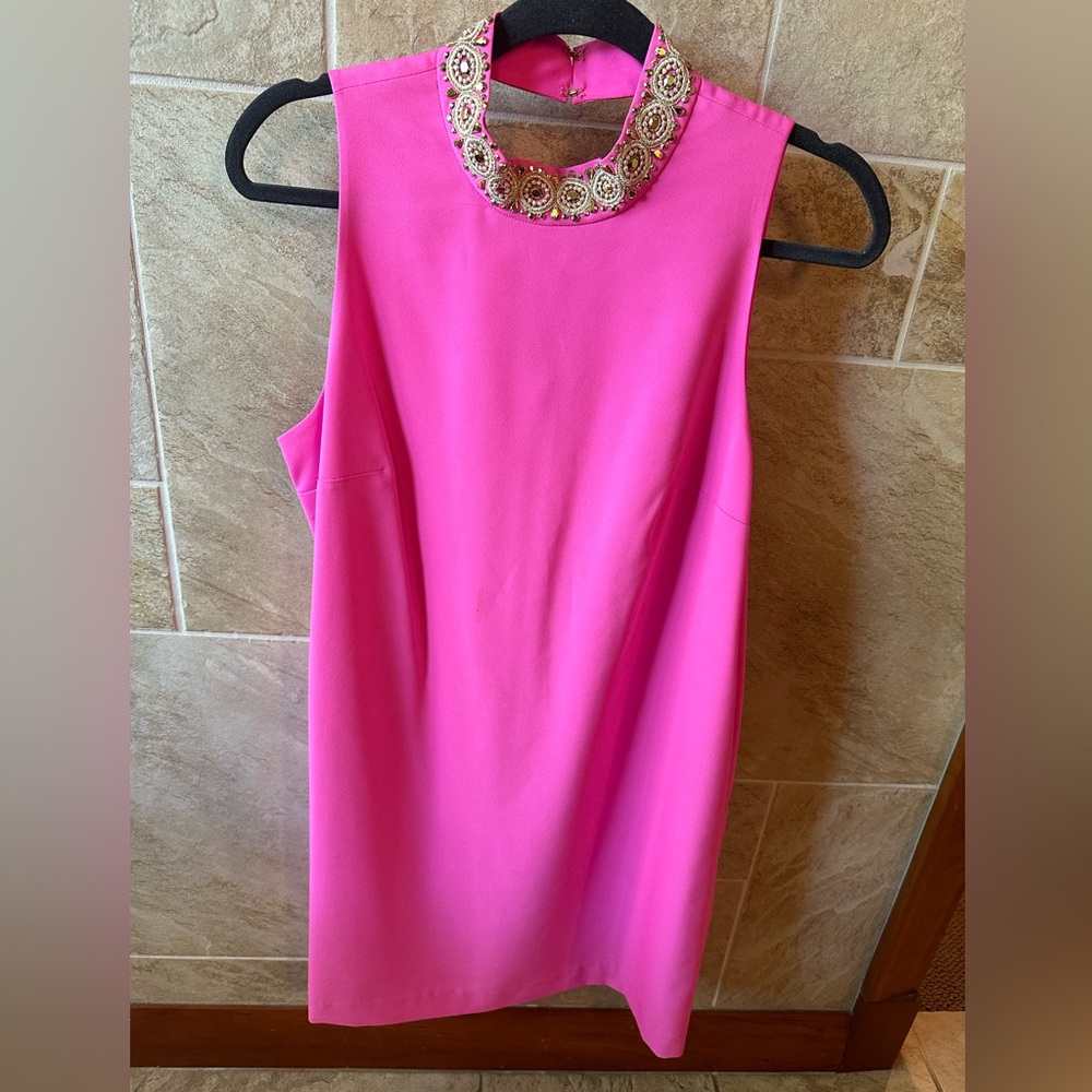 Embellished Collar Sleeveless Shift Dress - Hot Pink